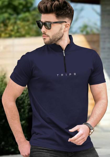TRIPR Solid Men Mandarin Collar Navy Blue T-Shirt