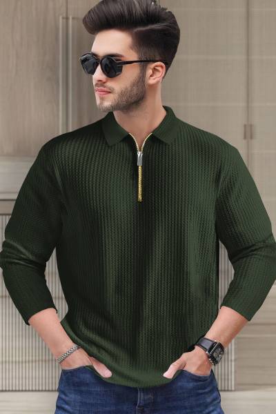 TRIPR Solid Men Polo Neck Dark Green T-Shirt