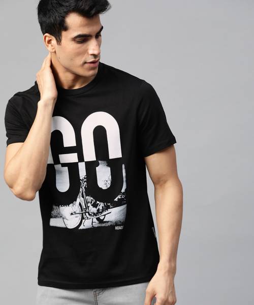 Roadster Printed Men Round Neck Black T-Shirt
