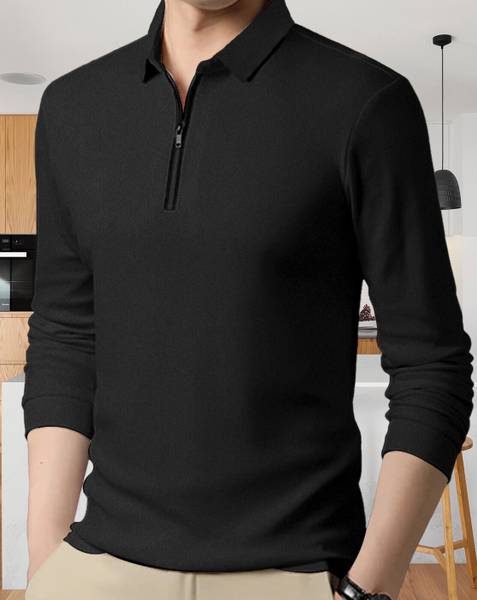 GARBLY Solid Men Polo Neck Black T-Shirt