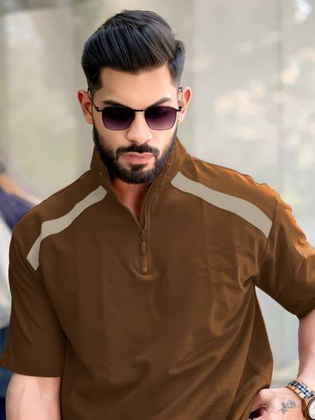 MANIAC Colorblock Men High Neck Brown T-Shirt