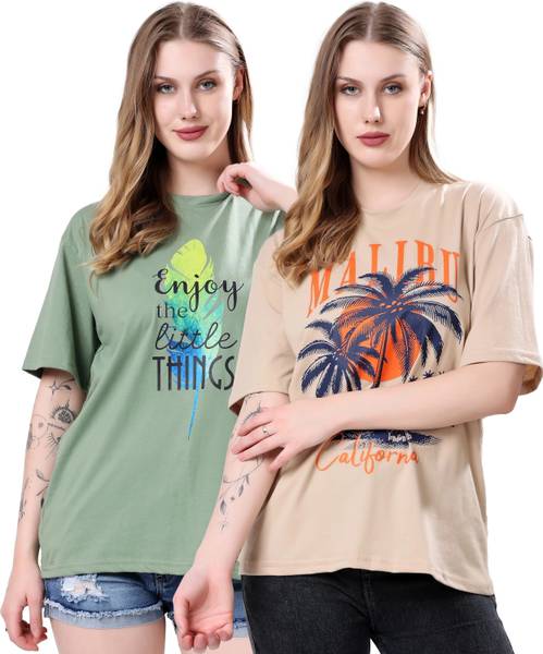 London Hills Graphic Print Women Round Neck Beige, Green T-Shirt