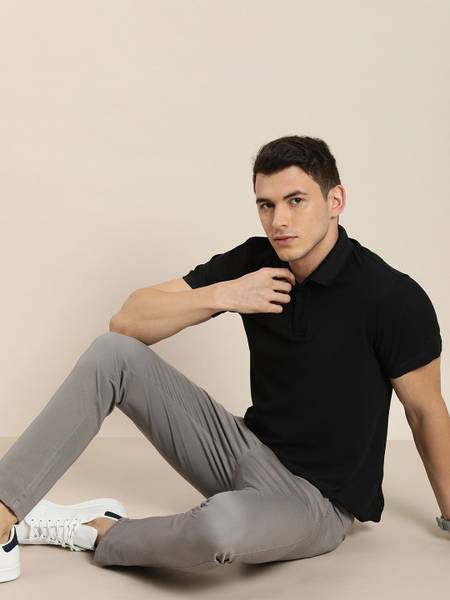 ether Solid Men Polo Neck Black T-Shirt