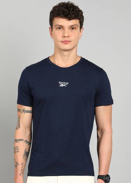 REEBOK Solid Men Round Neck Navy Blue T-Shirt