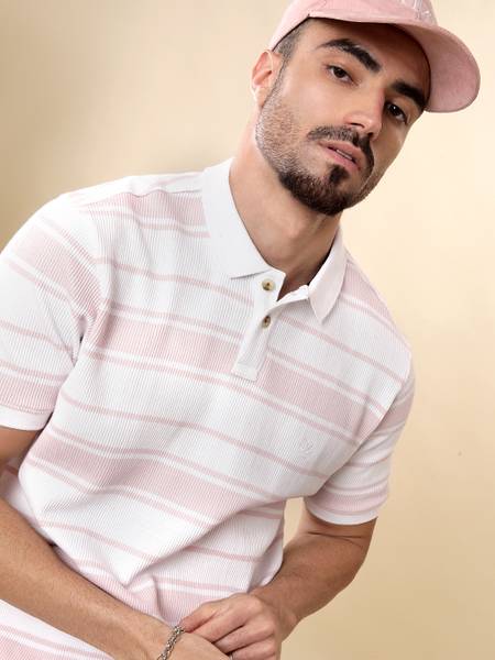 WROGN Striped Men Polo Neck White T-Shirt
