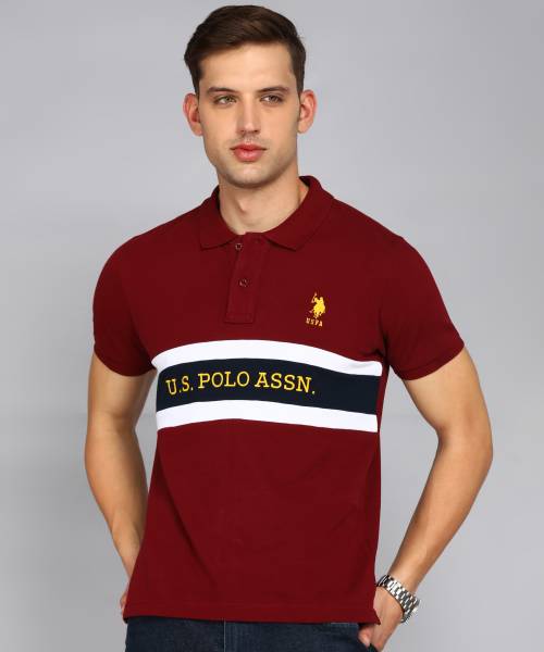 U.S. POLO ASSN. Printed Men Polo Neck Maroon T Shirt Price History
