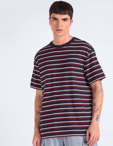 TOMMY HILFIGER Striped Men Round Neck Blue T-Shirt