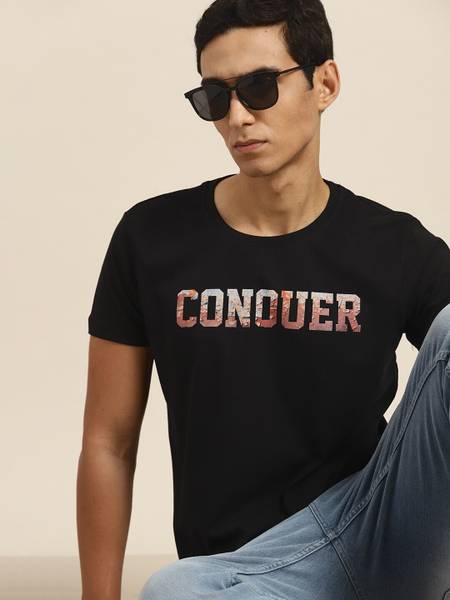 Moda Rapido Typography Men Round Neck Black T Shirt Price History
