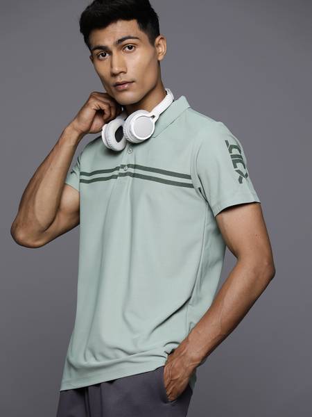 HRX by Hrithik Roshan Striped Men Polo Neck Green T-Shirt