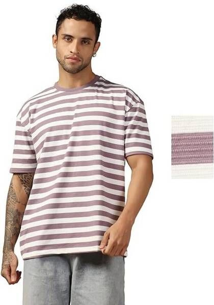 Leriya Fashion Striped Men Round Neck Purple, White T-Shirt