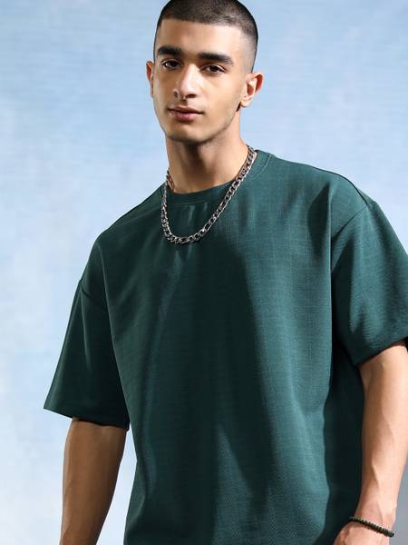 HIGHLANDER Self Design Men Round Neck Blue T-Shirt