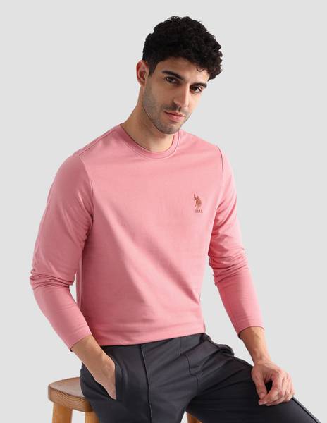 U.S. POLO ASSN. Solid Men Crew Neck Pink T-Shirt