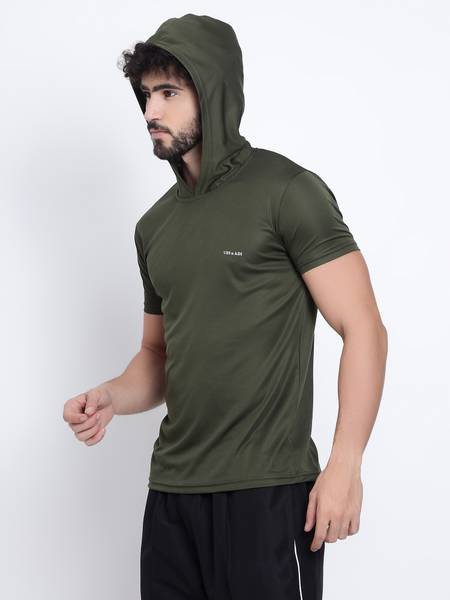 UDI n ADI Solid Men Hooded Neck Dark Green T-Shirt