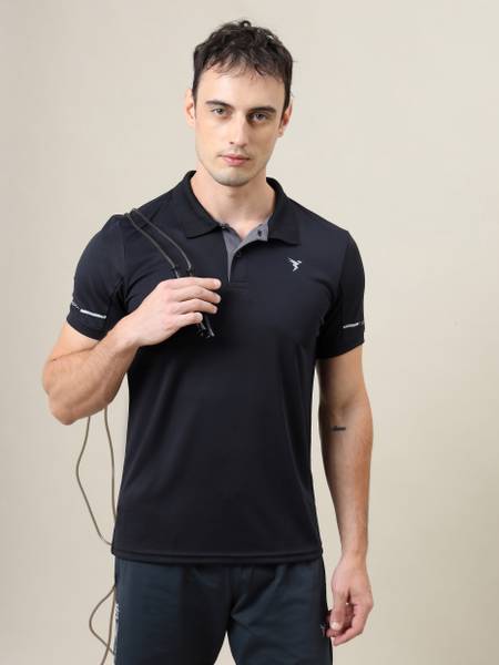 TECHNOSPORT Solid Men Polo Neck Black T-Shirt