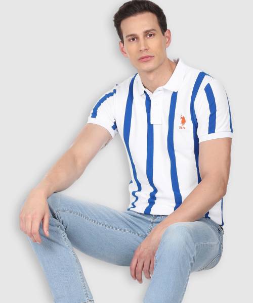 U.S. POLO ASSN. Striped Men Polo Neck Blue T-Shirt