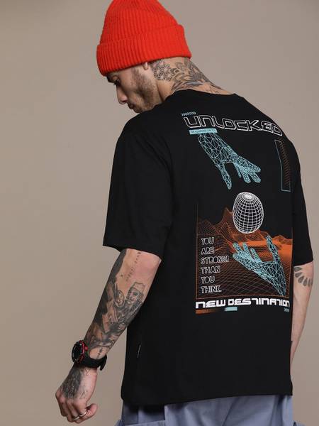 Roadster Printed Men Round Neck Black T-Shirt