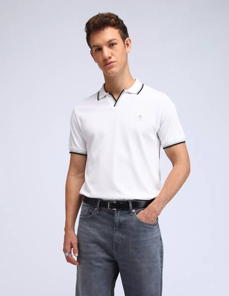 FLYING MACHINE Printed Men Polo Neck White T-Shirt