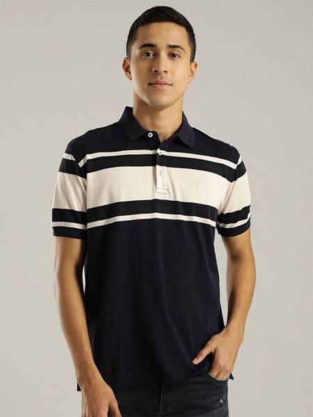 INDIAN TERRAIN Striped Men Polo Neck Blue T-Shirt