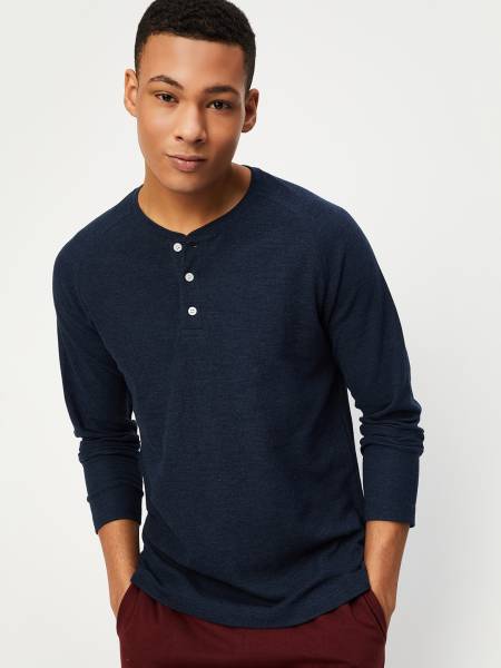 Mens Henley Long Sleeve Blue T Shirt