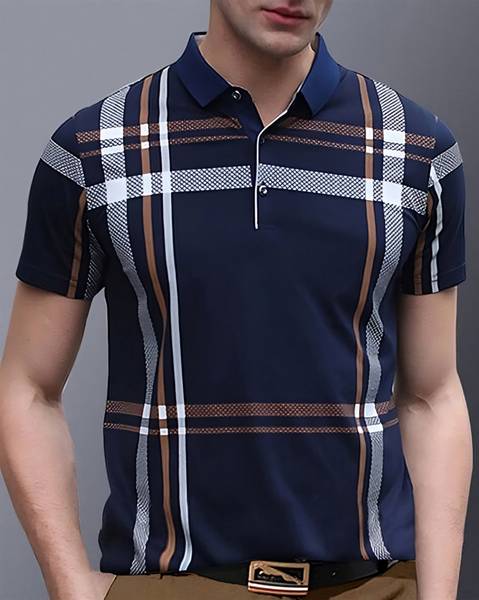 AUSK Printed Men Polo Neck Navy Blue T-Shirt