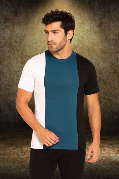 INKKR Colorblock Men Round Neck Blue T-Shirt