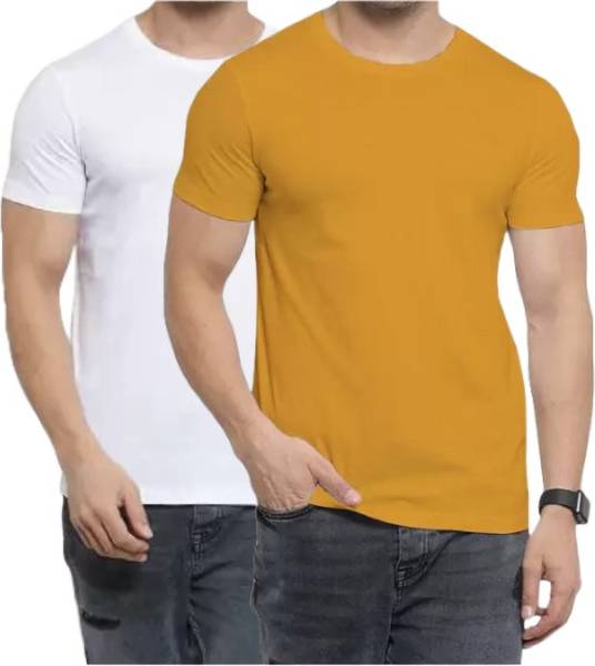 UNFOLDFIT Solid Men Round Neck White, Orange T-Shirt