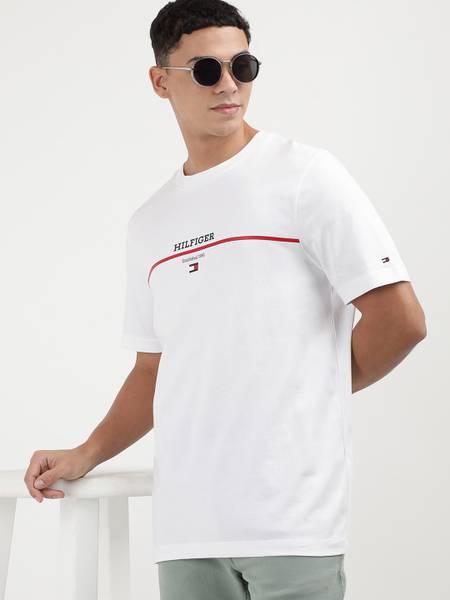 TOMMY HILFIGER Striped Men Crew Neck White T-Shirt