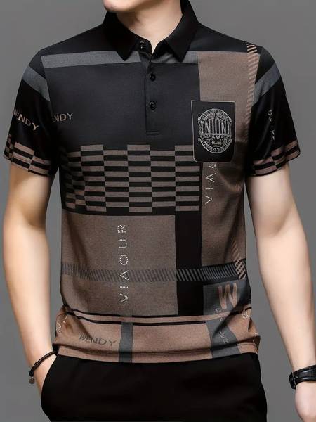 rizim Geometric Print Men Polo Neck Black T-Shirt