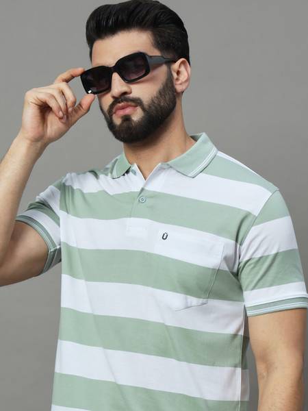 UNIBERRY Striped Men Polo Neck Light Green, White T-Shirt