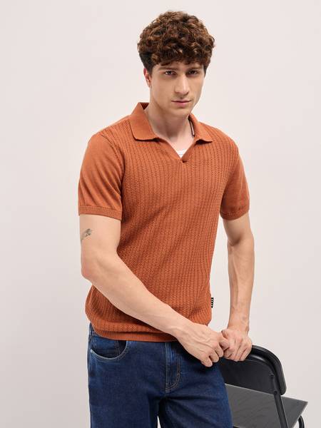 THE BEAR HOUSE Self Design Men Polo Neck Orange T-Shirt