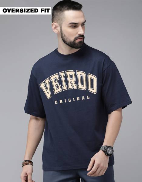 Veirdo Printed, Typography Men Round Neck Navy Blue T-Shirt