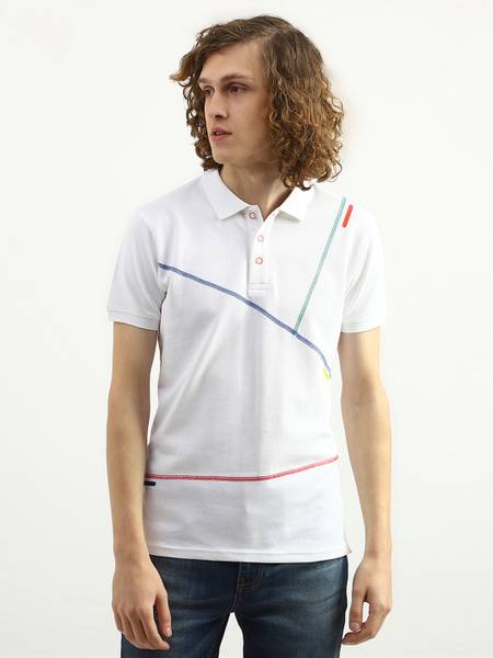 United Colors of Benetton Striped Men Polo Neck White T-Shirt