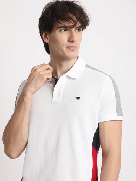 THE BEAR HOUSE Colorblock Men Polo Neck White T-Shirt