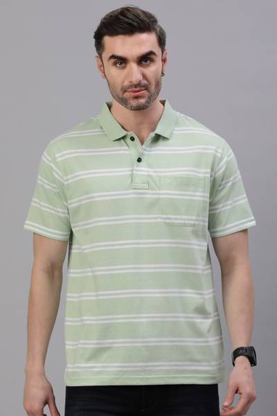 Classic Polo Striped Men Polo Neck Green, White T-Shirt