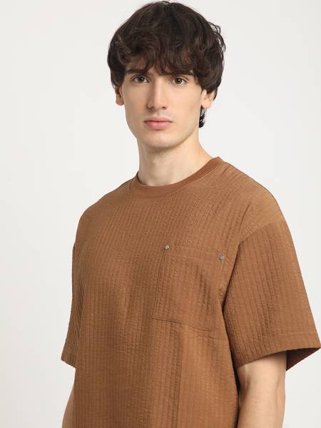 THE BEAR HOUSE Self Design Men Round Neck Brown T-Shirt