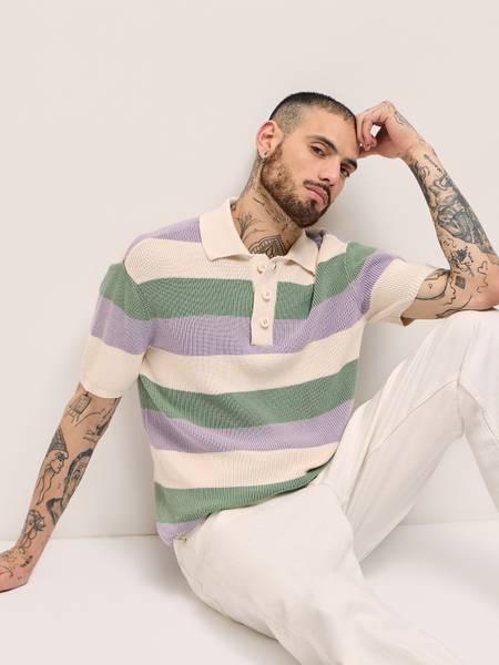 THE BEAR HOUSE Striped Men Polo Neck Multicolor T-Shirt
