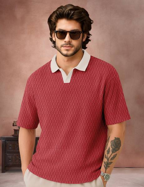 Force Solid, Self Design Men Polo Neck Red T-Shirt