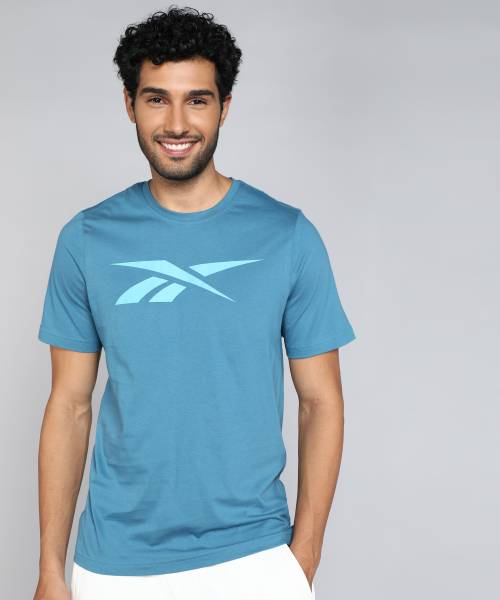 REEBOK Printed Men Round Neck Navy Blue T-Shirt