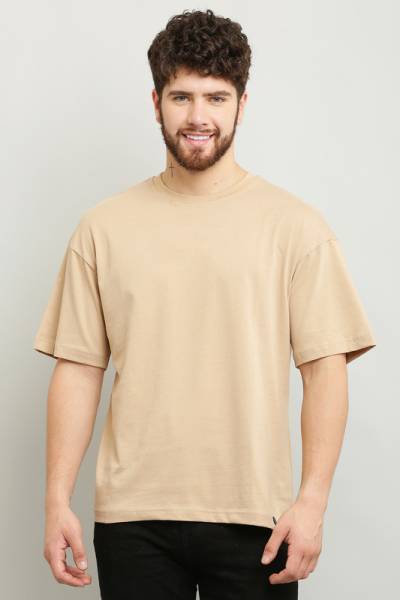ALMUDA Solid Men Round Neck Beige T-Shirt