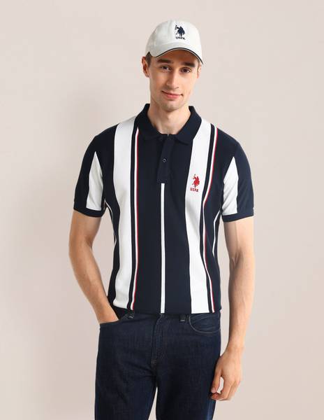 U.S. POLO ASSN. Striped Men Polo Neck Blue T-Shirt