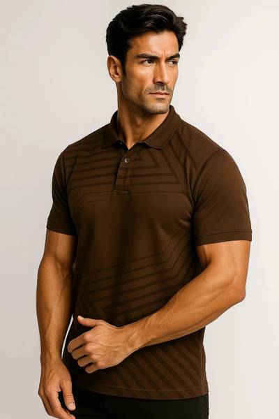 JUARI BE A GENTLEMAN Striped Men Polo Neck Brown T-Shirt