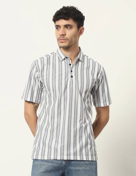 WOXEN Striped Men Polo Neck Purple, White T-Shirt