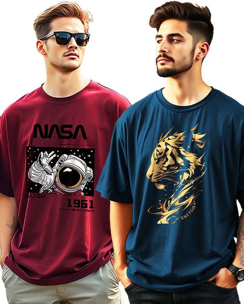 AUSK Printed Men Round Neck Dark Blue, Maroon T-Shirt