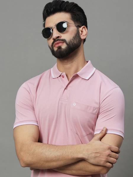 UNIBERRY Solid Men Polo Neck Pink T-Shirt
