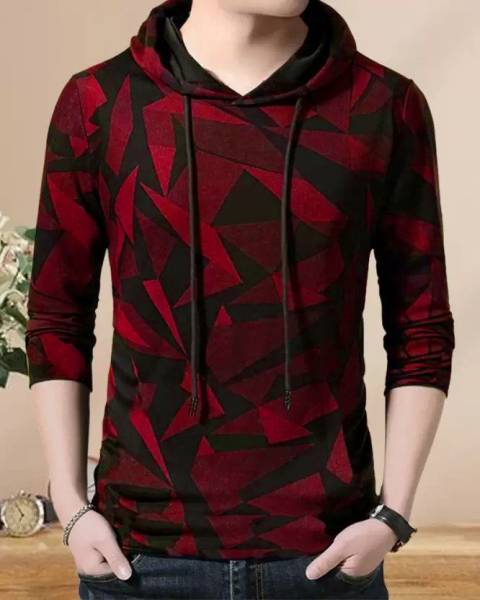 Try This Solid Men Hooded Neck Red T-Shirt