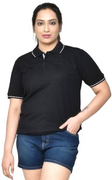 RAPL BHARAT Solid Women Polo Neck Black T-Shirt