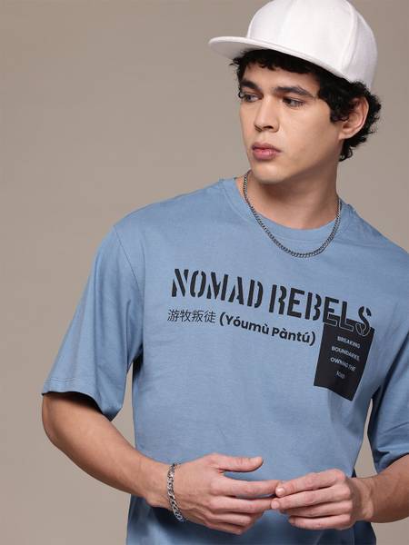 Roadster Printed Men Round Neck Blue T-Shirt
