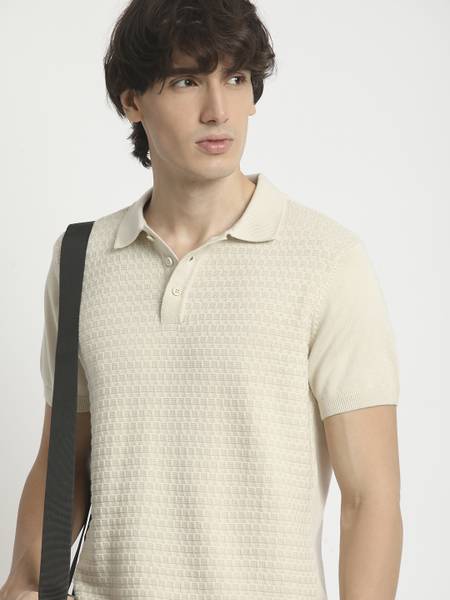 THE BEAR HOUSE Self Design Men Polo Neck Beige T-Shirt