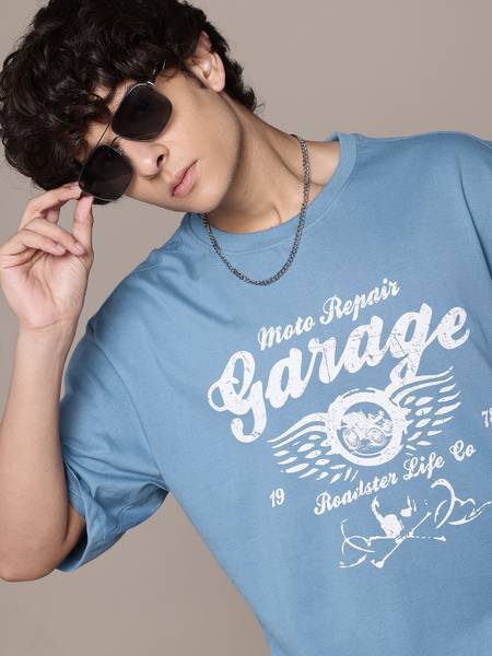 Roadster Printed Men Round Neck Blue T-Shirt