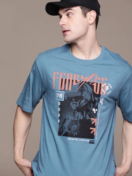 Roadster Printed, Typography Men Round Neck Blue T-Shirt
